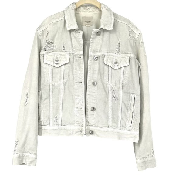 American Eagle Womens Size Small Light Wash Denim Jacket Distressed Cotton Jean - Picture 1 of 10